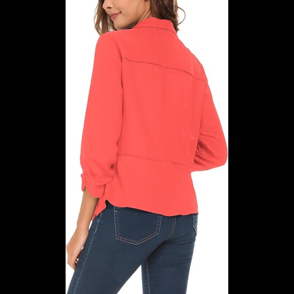 Women's Ruched Sleeve Lightweight Thin Chiffon Blazer - Picture 3 of 8